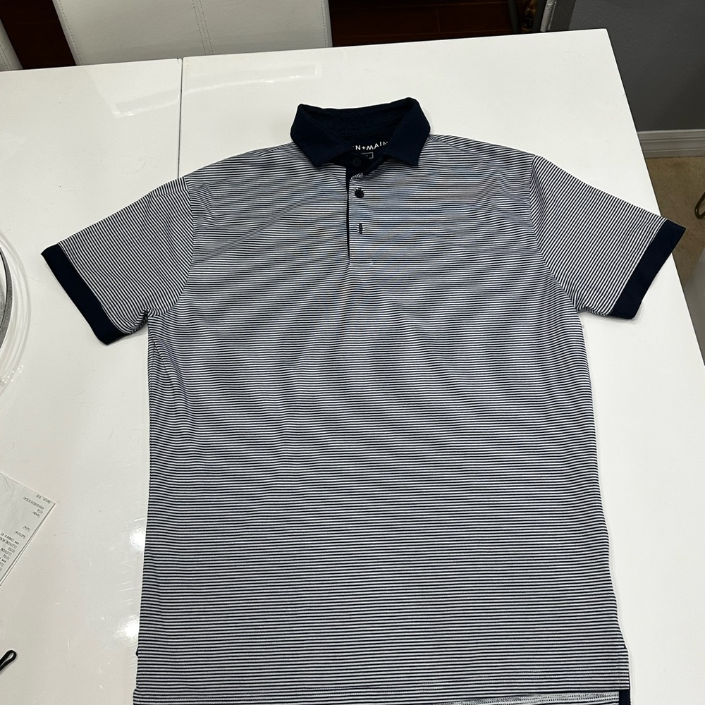 Mizzen+Main Men's Striped Polo Shirt - Navy and White Size Small Trim Fit